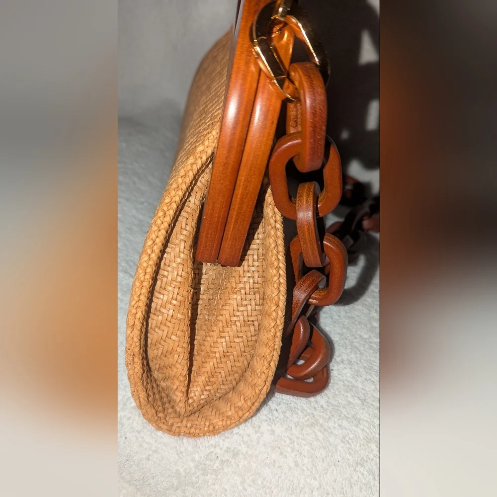 Michael Kors Collection  Tan and Brown Woven Clutch with Chain Accent - Picture 6 of 11